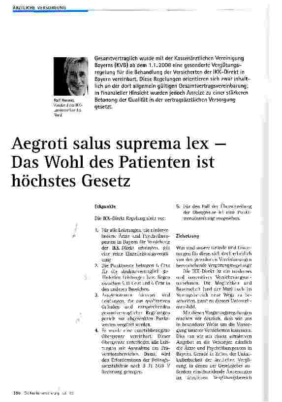 Vorschauseite 1: Aegroti salus suprema lex — Das Wohl des Patienten ist höchstes Gesetz