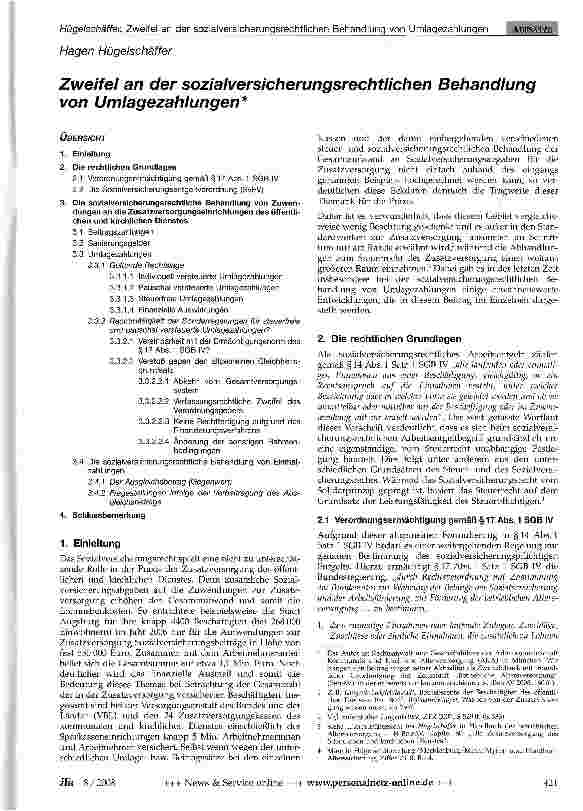 Vorschauseite 1: Zweifel an der sozialversicherungsrechtlichen Behandlung von Umlagezahlungen