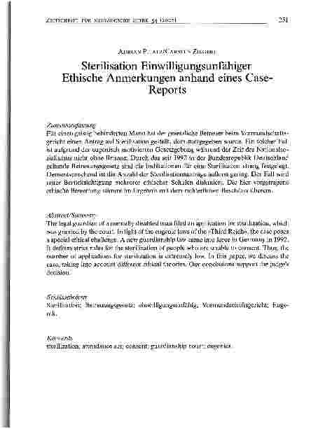 Vorschauseite 1: Sterilisation Einwilligungsunfähiger Ethische Anmerkungen anhand eines Case Reports