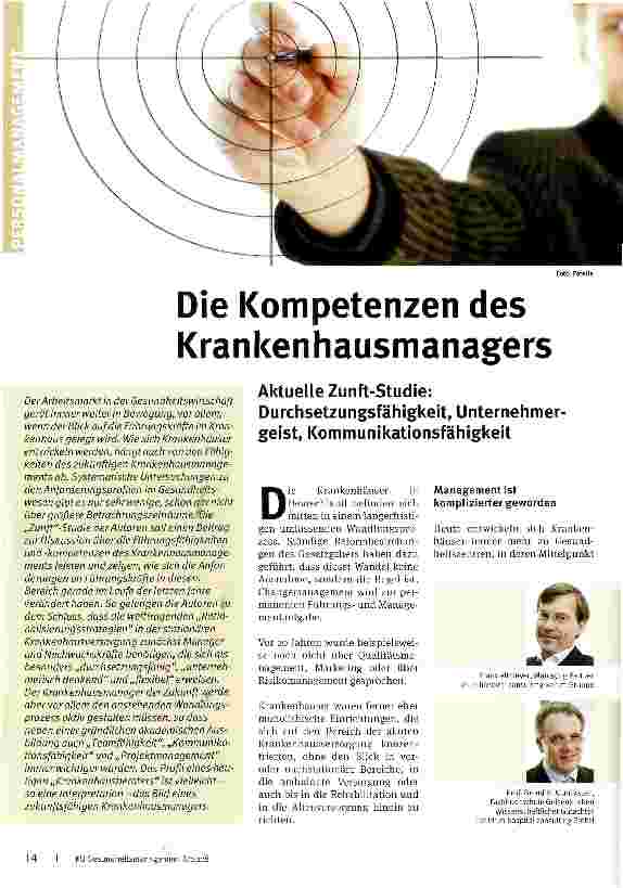 Vorschauseite 1: Die Kompetenzen des KrankenhausmanagersAktuelle Zunft-Studie: Durchsetzungsfähigkeit, Unternehmergeist, Kommunikationsfähigkeit