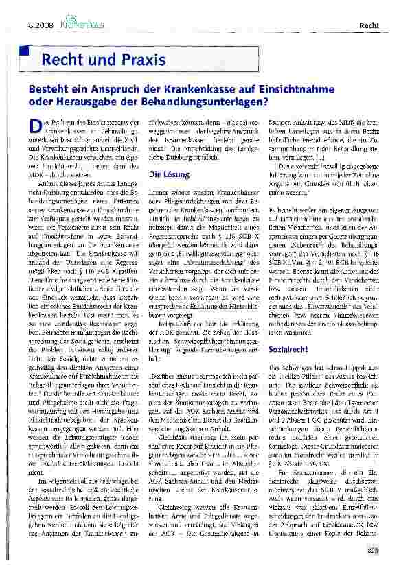 Vorschauseite 1: Besteht ein Anspruch der Krankenkasse auf Einsichtnahme oder Herausgabe der Behandlungsunterlagen?