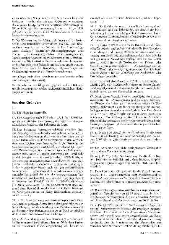 Vorschauseite 2: Wettbewerbsrechtliche Zulässigkeit von Werbegeschenken an (niedergelassene) Ärzte im Rahmen einer nicht produktbezogenen Imagewerbungs-Kampagne
