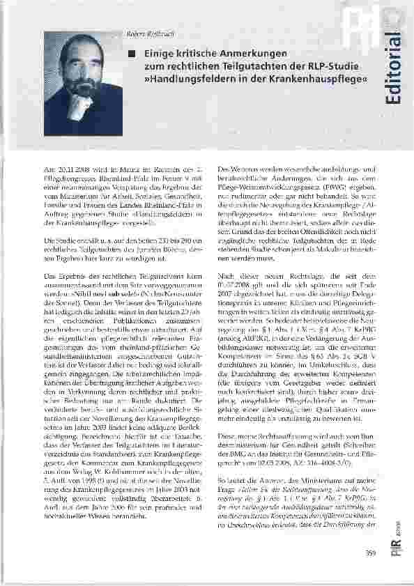 Vorschauseite 1: Einige kritische Anmerkungen zum rechtlichen Teilgutachten der RLP-Studie »Handlungsfeldern in der Krankenhauspflege«