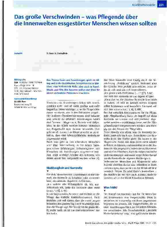 Vorschauseite 1: Das große Verschwinden - was Pflegende über die Innenwelten essgestörter Menschen wissen sollten