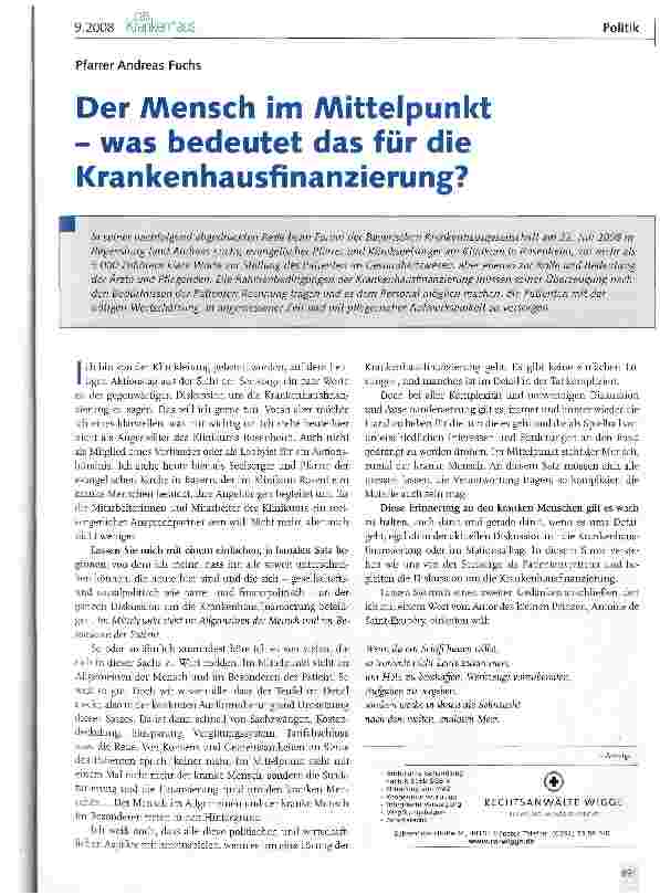 Vorschauseite 1: Der Mensch im Mittelpunkt - was bedeutet das für die Krankenhausfinanzierung?