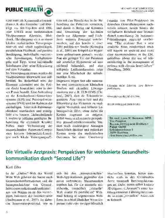 Vorschauseite 1: Die Virtuelle Arztpraxis: Perspektiven für webbasierte Gesundheitskommunikation durch Second Life?
