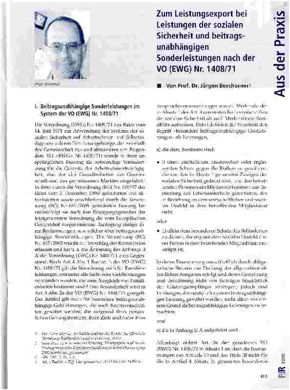 Vorschauseite 1: Zum Leistungsexport bei Leistungen der sozialen Sicherheit und beitragsunabhängigen Sonderleistungen nach der VO(EWG)Nr. 1408/71