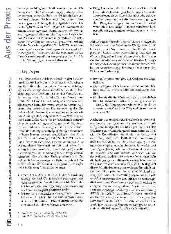 Vorschauseite 2: Zum Leistungsexport bei Leistungen der sozialen Sicherheit und beitragsunabhängigen Sonderleistungen nach der VO(EWG)Nr. 1408/71
