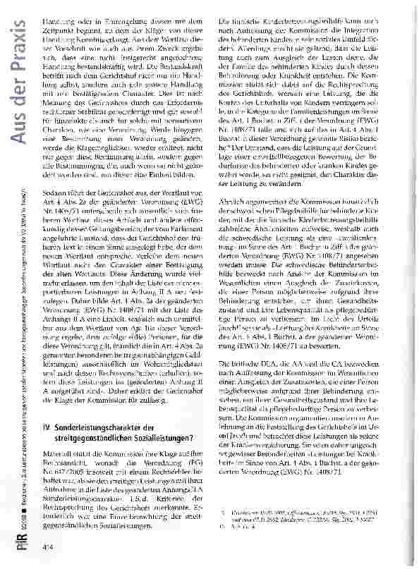 Vorschauseite 4: Zum Leistungsexport bei Leistungen der sozialen Sicherheit und beitragsunabhängigen Sonderleistungen nach der VO(EWG)Nr. 1408/71