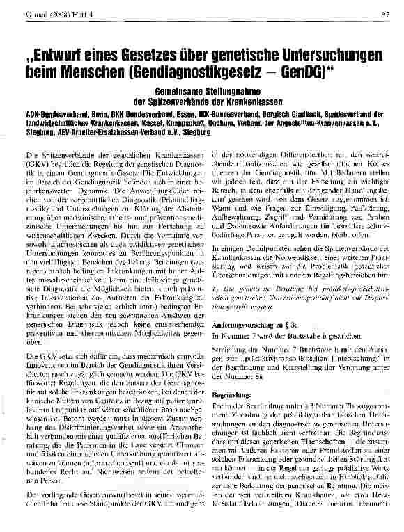 Vorschauseite 1: „Entwurf eines Gesetzes über genetische Untersuchungen beim Menschen (Gendiagnostikgesetz - GenDG)Gemeinsame Stellungnahme der Spitzenverbände der Krankenkassen