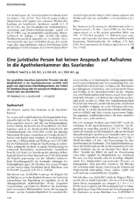 Vorschauseite 1: Eine juristische Person hat keinen Anspruch auf Aufnahme in die Apothekenkammer des Saarlandes