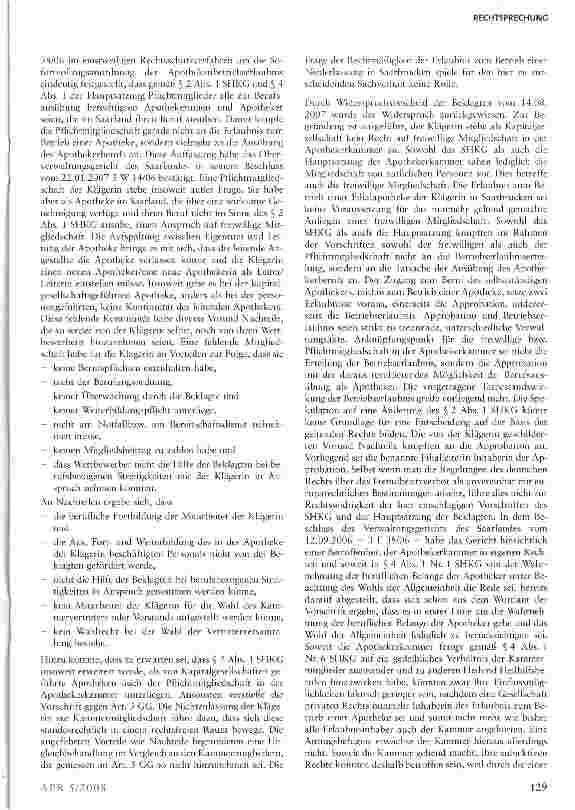 Vorschauseite 2: Eine juristische Person hat keinen Anspruch auf Aufnahme in die Apothekenkammer des Saarlandes