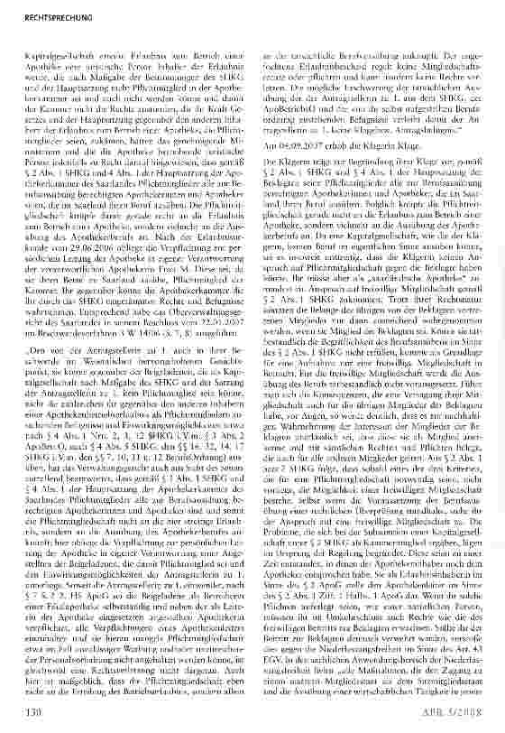 Vorschauseite 3: Eine juristische Person hat keinen Anspruch auf Aufnahme in die Apothekenkammer des Saarlandes