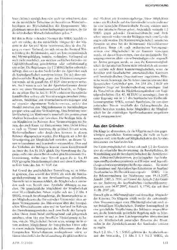 Vorschauseite 4: Eine juristische Person hat keinen Anspruch auf Aufnahme in die Apothekenkammer des Saarlandes