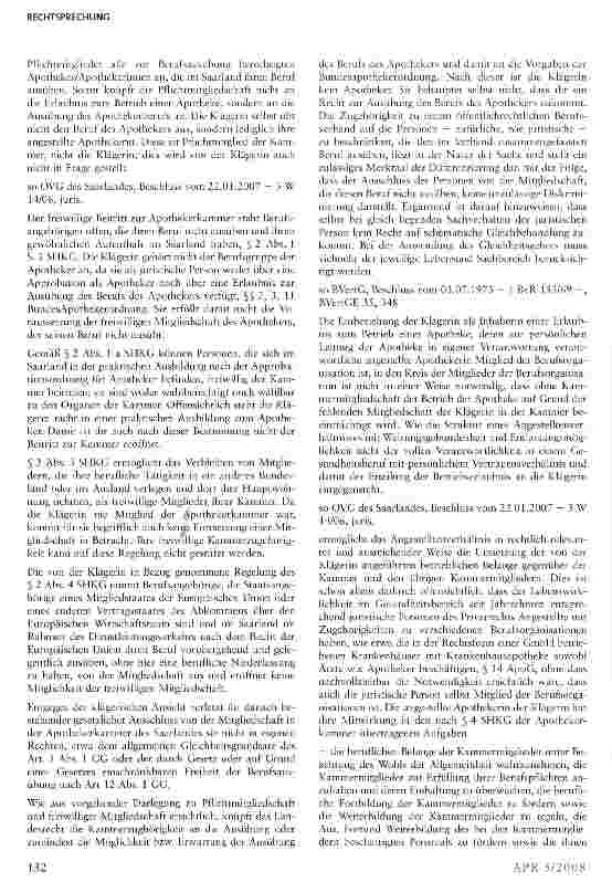 Vorschauseite 5: Eine juristische Person hat keinen Anspruch auf Aufnahme in die Apothekenkammer des Saarlandes