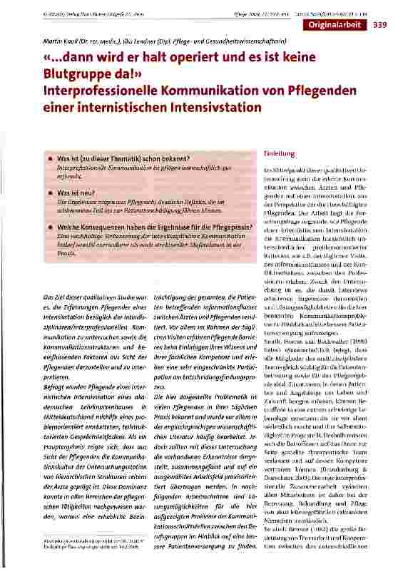 Vorschauseite 1: «...dann wird er halt operiert und es ist keine Blutgruppe da!»Interprofessionelle Kommunikation von Pflegenden einer internistischen Intensivstation