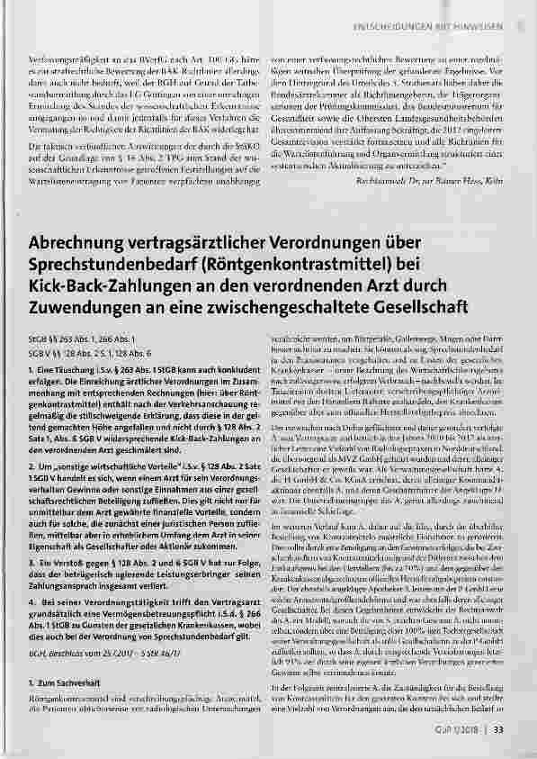 Vorschauseite 1: Abrechnung vertragsärztlicher Verordnungen über Sprechstundenbedarf (Röntgenkontrastmittel) bei Kick-Back-Zahlungen an den verordnenden Arzt durch Zuwendungen an eine zwischengesc…