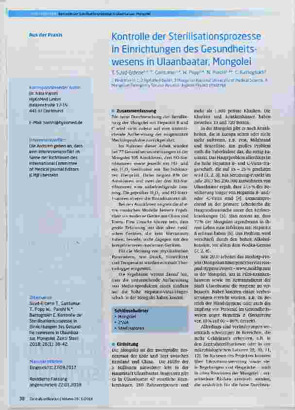 Vorschauseite 1: Kontrolle der Sterilisationsprozesse in Einrichtungen des Gesundheitswesens in Ulaanbaatar, Mongolei