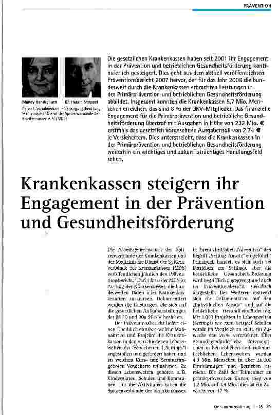 Vorschauseite 1: Krankenkassen steigern ihr Engagement in der Prävention und Gesundheitsforderung
