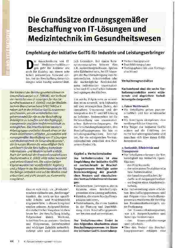 Vorschauseite 1: Die Grundsätze ordnungsgemäßer Beschaffung von IT-Lösungen und Medizintechnik im GesundheitswesenEmpfehlung der Initiative GolTG für Industrie und Leistungserbringer