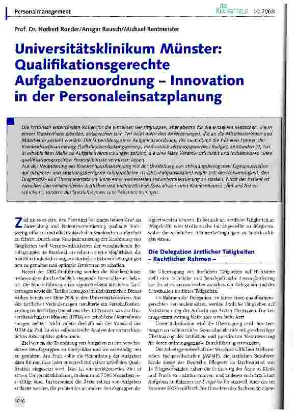 Vorschauseite 1: Universitätsklinikum Münster: Qualifikationsgerechte Aufgabenzuordnung - Innovation in der Personaleinsatzplanung