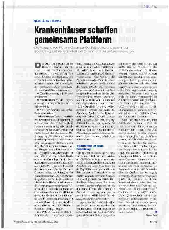 Vorschauseite 1: QUALITÄTSSICHERUNG Krankenhäuser schaffen gemeinsame Plattform