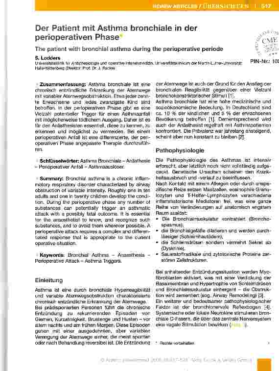 Vorschauseite 1: Der Patient mit Asthma bronchiale in der perioperativen Phase