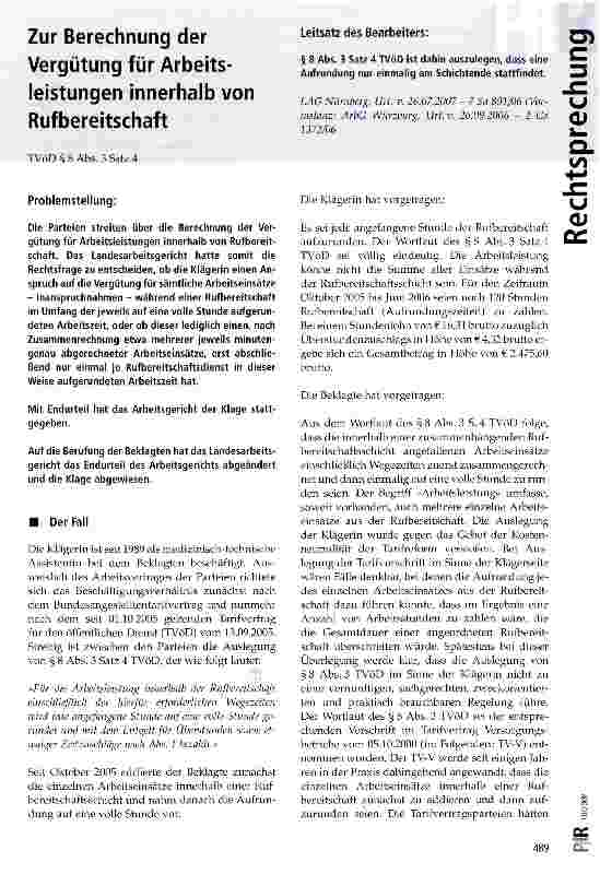 Vorschauseite 1: Zur Berechnung der Vergütung für Arbeitsleistungen innerhalb von Rufbereitschaft TVöD § 8 Abs. 3 Satz 4