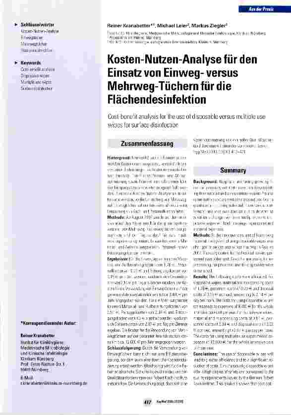 Vorschauseite 1: Kosten-Nutzen-Analyse für den Einsatz von Einwegversus Mehrweg-Tüchern für die Flächendesinfektion