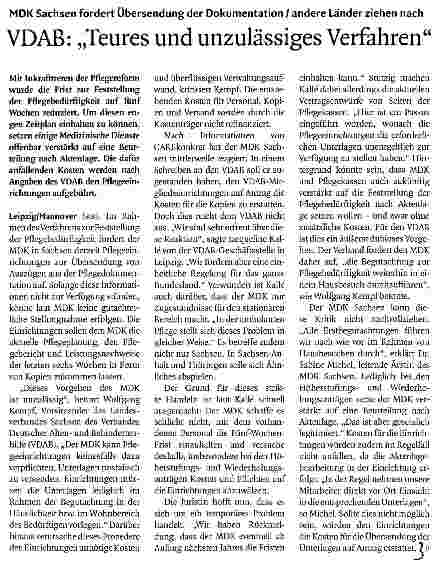 Vorschauseite 1: MDK Sachsen fordert Übersendung der Dokumentation / andere Länder ziehen nachVDAB: „Teures und unzulässiges Verfahren