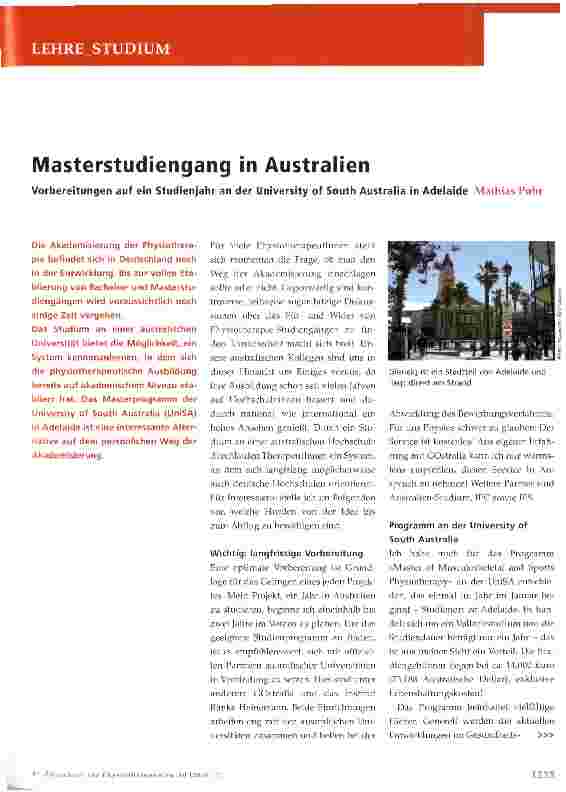 Vorschauseite 1: Masterstudiengang in AustralienVorbereitungen auf ein Studienjahr an der University of South Australia in Adelaide