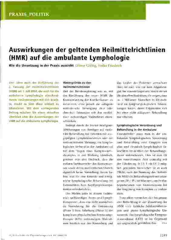 Vorschauseite 1: Auswirkungen der geltenden Heilmittelrichtlinien (HMR) auf die ambulante LymphologieWie die Umsetzung in der Praxis aussieht
