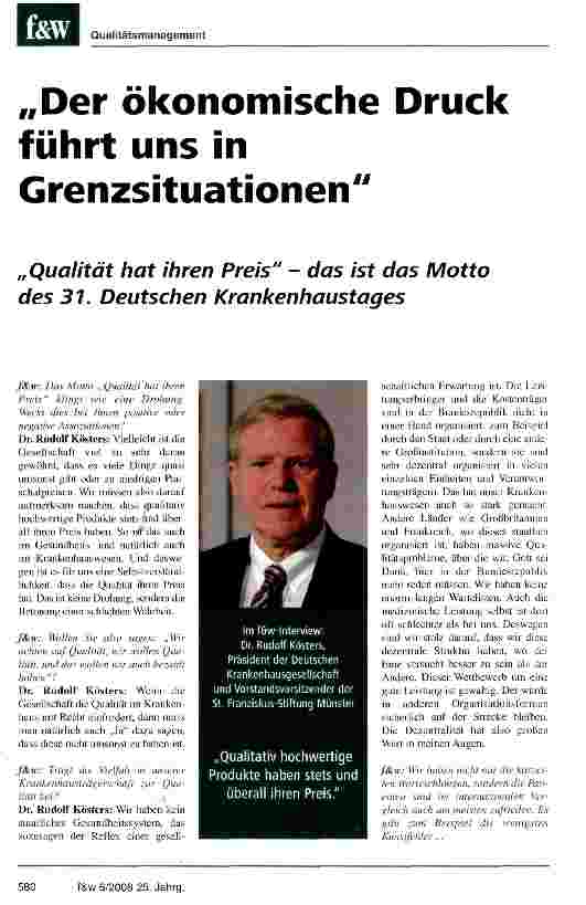 Vorschauseite 1: „Der ökonomische Druck führt uns in Grenzsituationen„Qualität hat ihren Preis - das ist das Motto des 31. Deutschen Krankenhaustages