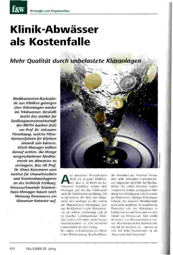 Vorschauseite 1: Klinik-Abwässer als KostenfalleMehr Qualität durch unbelastete Kläranlagen