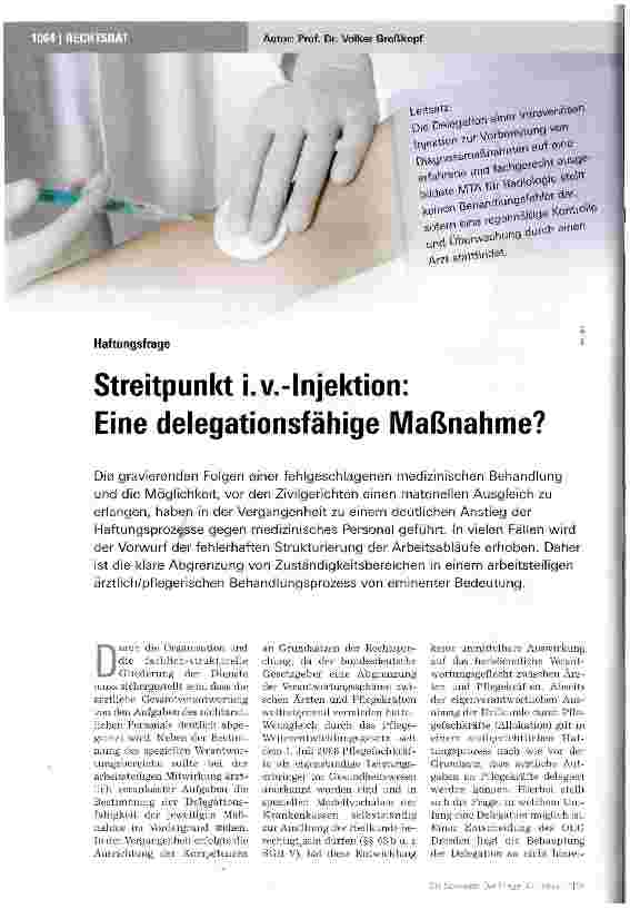 Vorschauseite 1: Streitpunkt i.v.-lnjektion:Eine delegationsfähige Maßnahme?