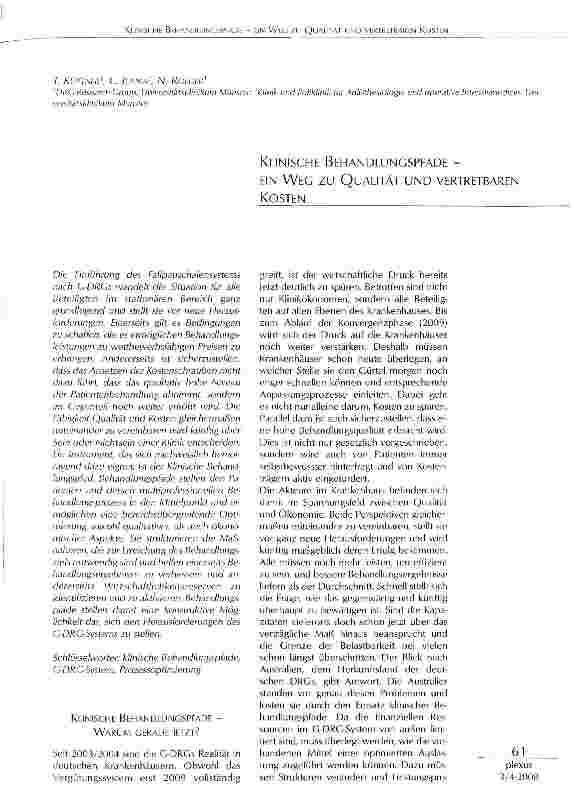 Vorschauseite 1: KLINISCHE BEHANDLUNGSPFADE - EIN WEG ZU QUALITÄT UND VERTRETBAREN KOSTEN
