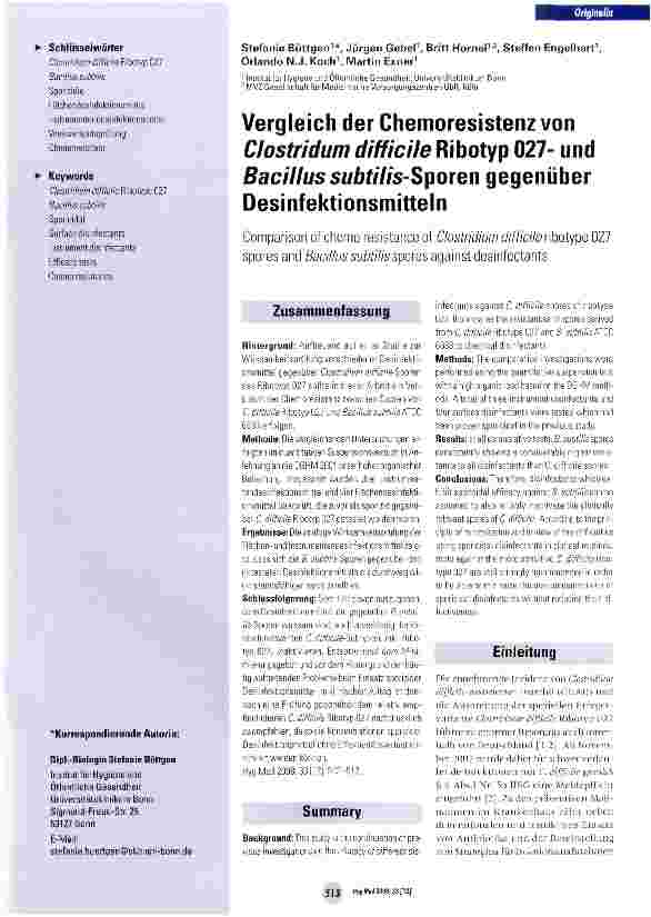 Vorschauseite 1: Vergleich der Chemoresistenz von Clostridum difficile Ribotyp 027- und Bacillus subtilis-Sporen gegenüber Desinfektionsmitteln