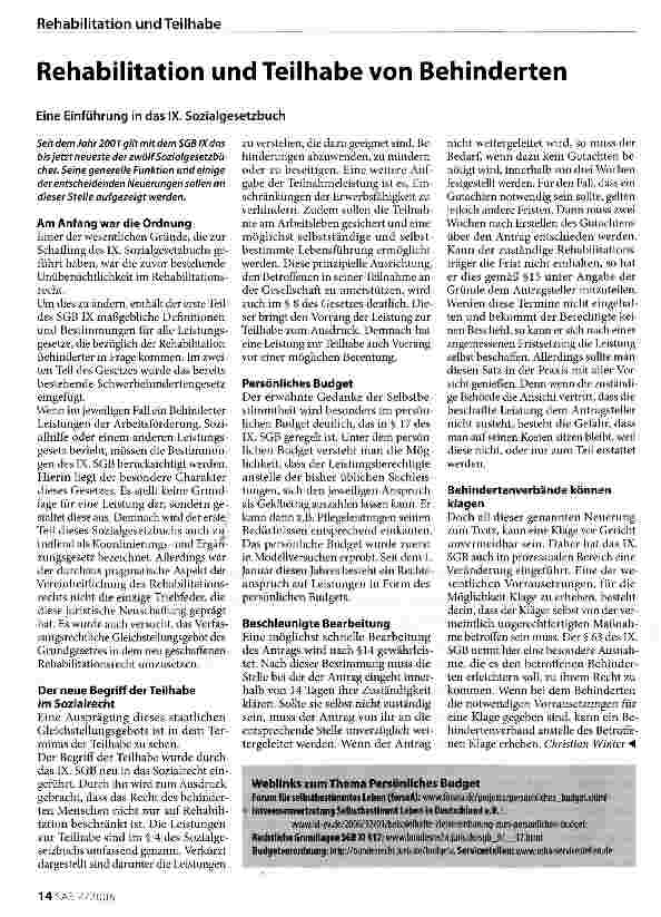 Vorschauseite 1: Rehabilitation und Teilhabe von Behinderten