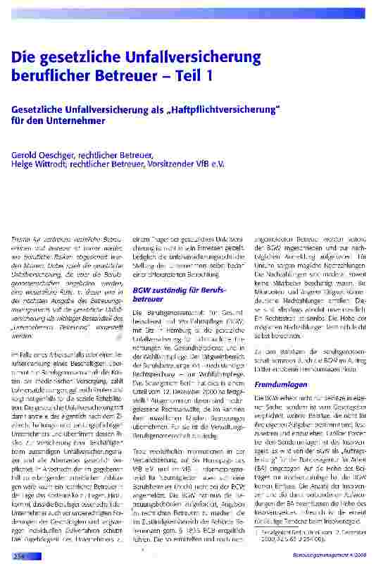 Vorschauseite 1: Die gesetzliche Unfallversicherung beruflicher Betreuer - Teil 1