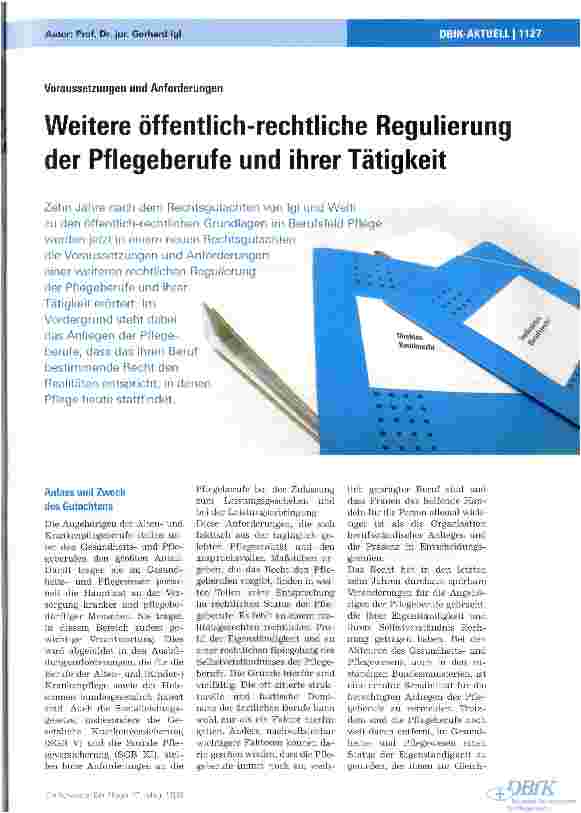 Vorschauseite 1: Weitere öffentlich-rechtliche Regulierung der Pflegeberufe und ihrer Tätigkeit