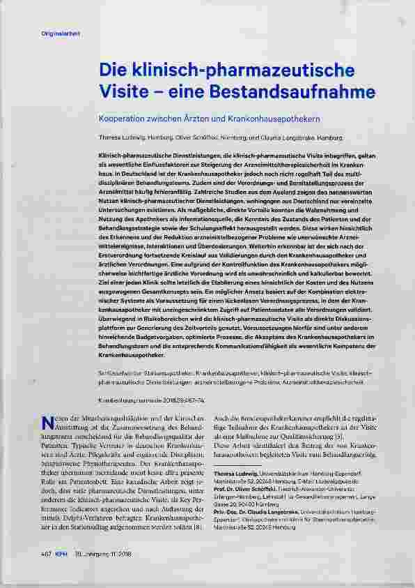 Vorschauseite 1: Die klinisch-pharmazeutische Visite eine Bestandsaufnahme