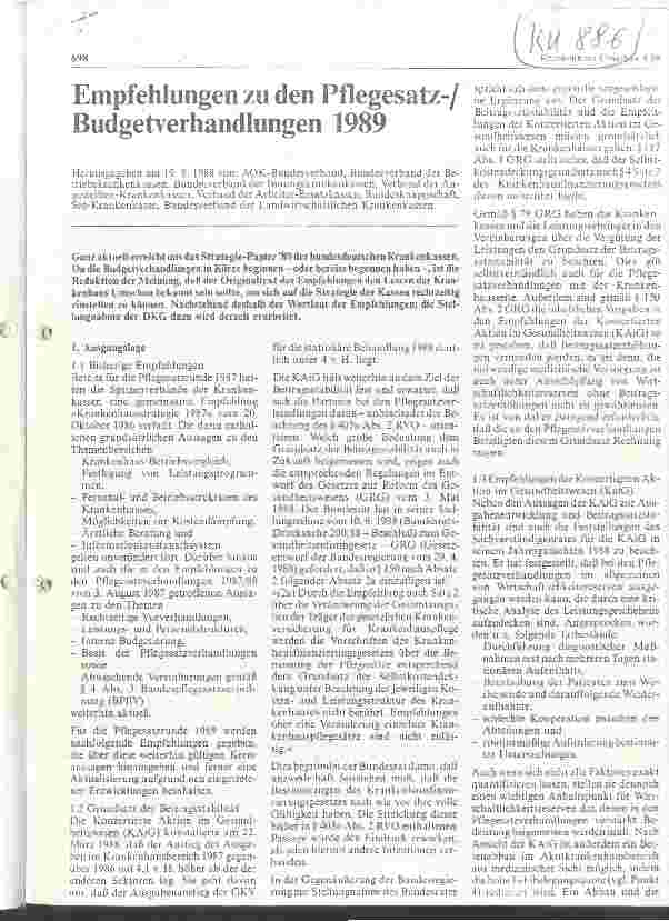 Vorschauseite 1: Empfehlung zu den Pflegesatz-/Budgetverhandlungen 1989