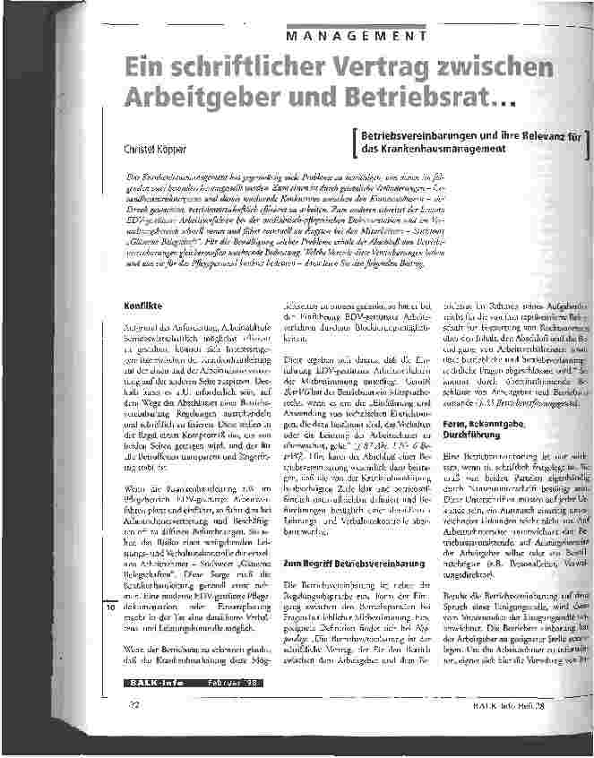 Vorschauseite 1: Ein schriftlicher Vertrag zwischen Arbeitgeber und Betriebsrat ... Betriebsvereinbarungen und ihre Relevanz für das Krankenhausmanagment