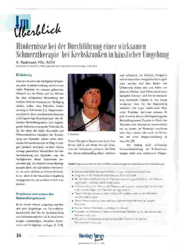 Vorschauseite 1: Hindernisse bei der Durchführung einer wirksamen Schmerztherapie bei Schmerzkranken in häuslicher Umgebung