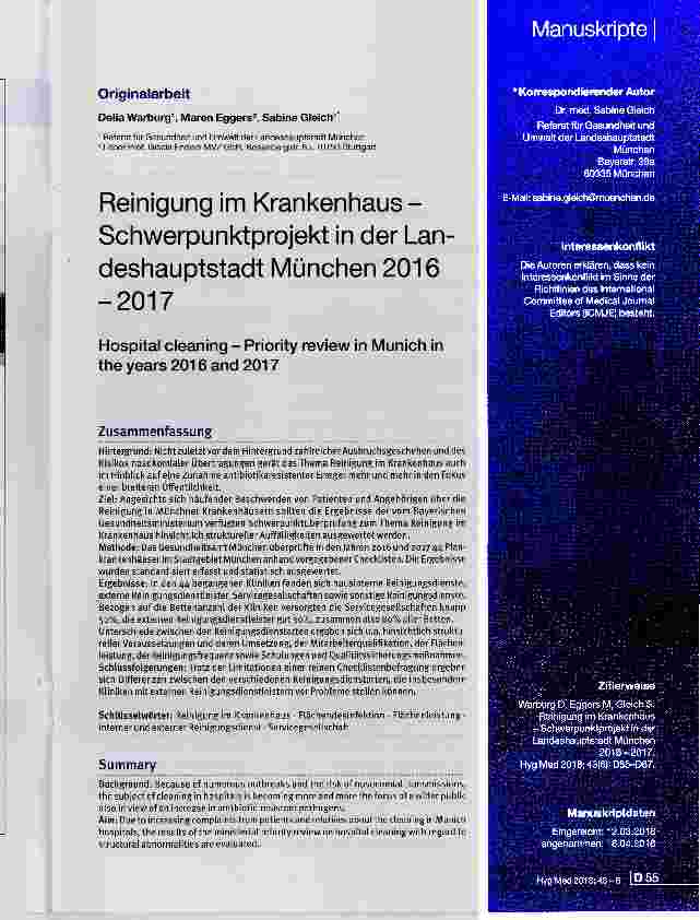 Vorschauseite 1: Reinigung im Krankenhaus Schwerpunktprojekt in der Lan deshauptstadt München 2016-2017