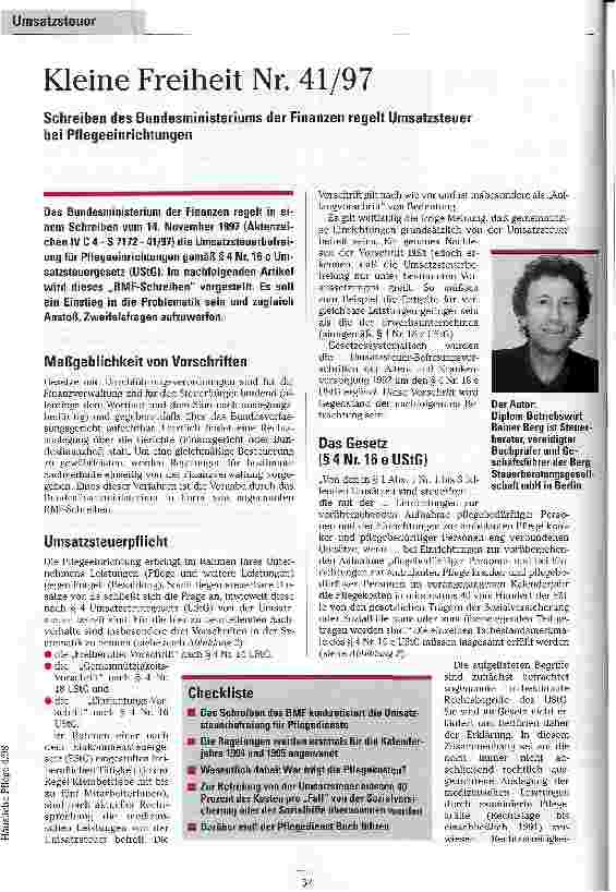 Vorschauseite 1: Kleine Freiheit Nr. 41/97 Schreiben des Bundesministeriums der Finanzen regelt Umsatzsteuer bei Pflegeeinrichtungen