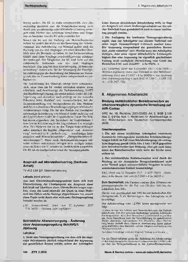 Vorschauseite 1: Bindung nichtkirchlicher Betriebserwerber an arbeitsvertragliche dynamische Verweisung auf AVR-Caritas