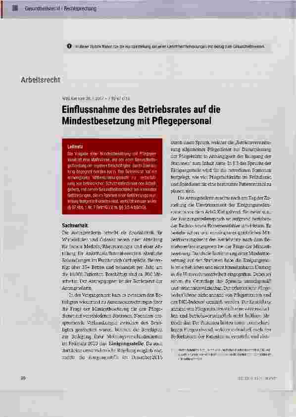 Vorschauseite 1: Einflussnahme des Betriebsrates auf die Mindestbesetzung mit Pflegepersonal