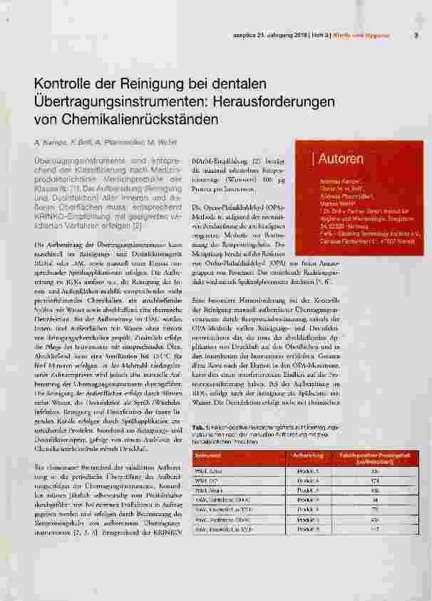 Vorschauseite 1: Kontrolle der Reinigung bei dentalen Übertragungsinstrumenten: Herausforderungen von Chemikalienrückständen