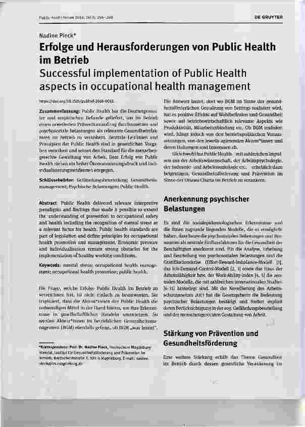 Vorschauseite 1: Erfolge und Herausforderungen von Public Health im Betrieb Successful implementation of Public Health aspects in occupational health management